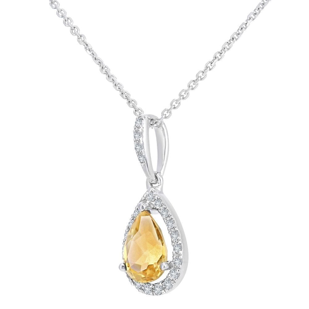 Pear Citrine and Diamond Halo Necklace with Chain in 9ct White Gold