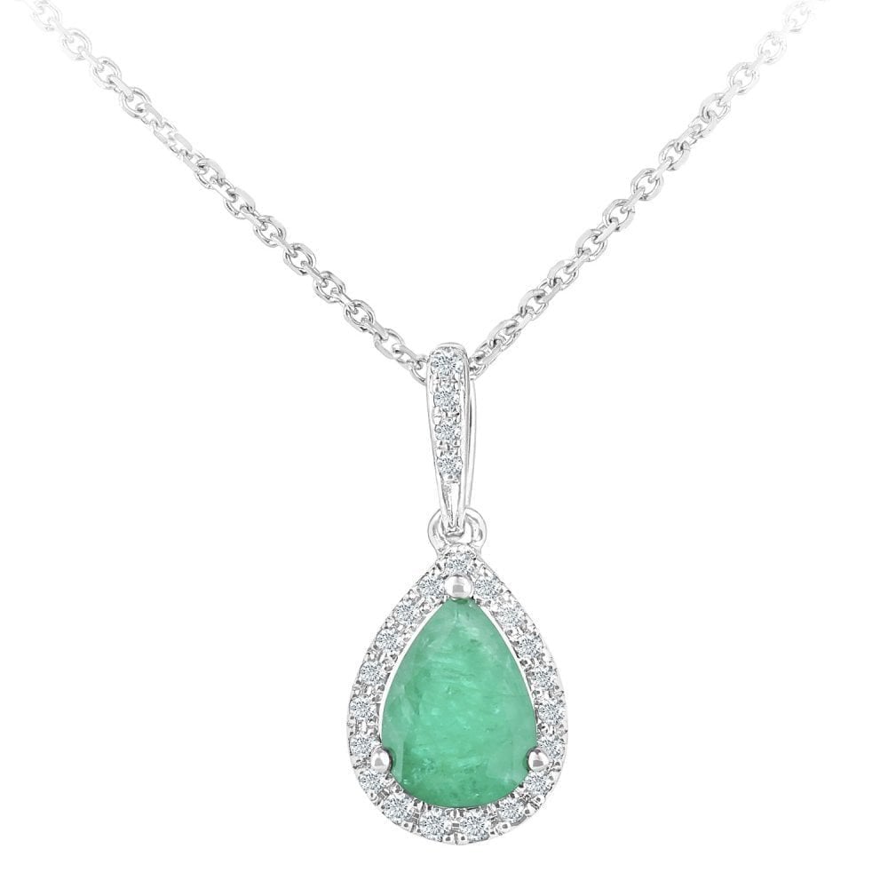 9ct White Gold 0.60ct Pear Emerald & Diamond Teardrop Pendant Necklace