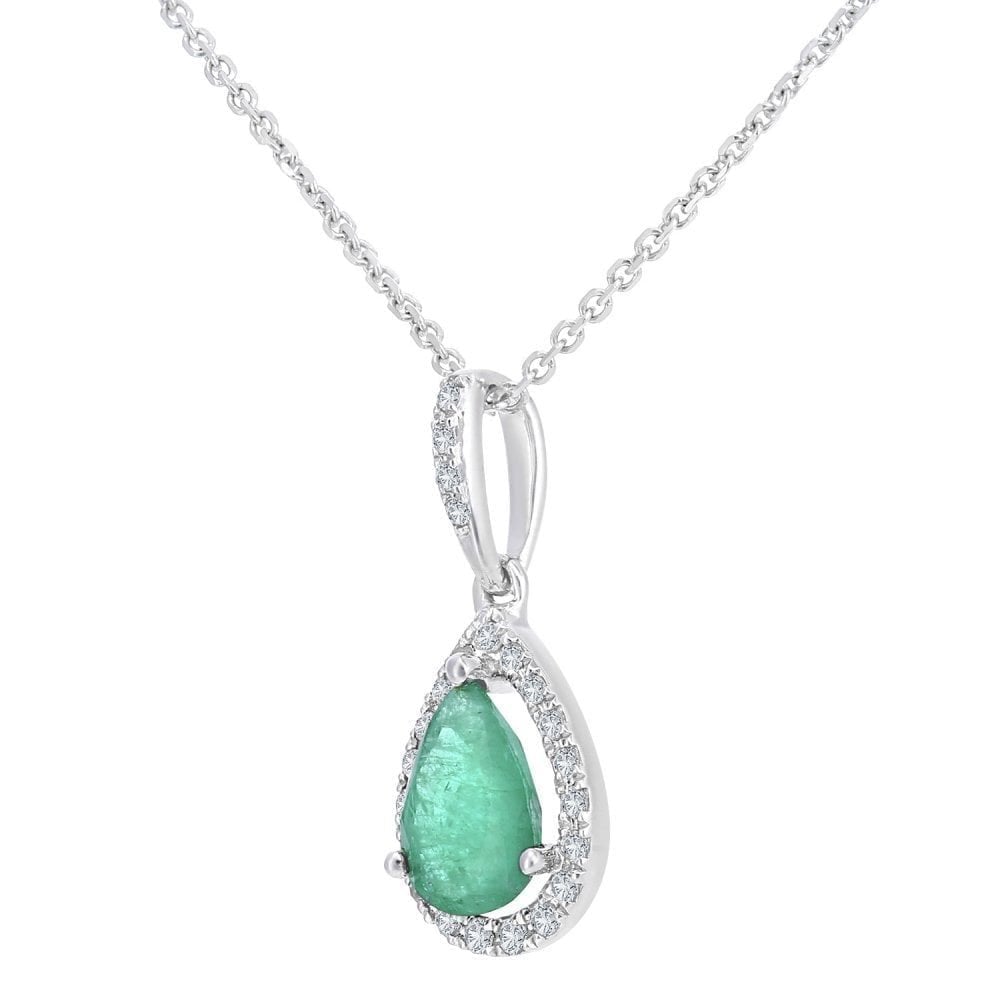 9ct White Gold 0.60ct Pear Emerald & Diamond Teardrop Pendant Necklace