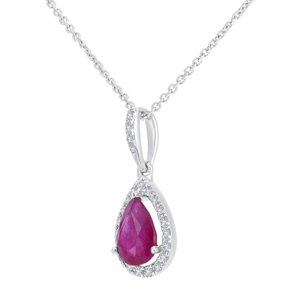 9ct White Gold Ruby and Diamond Teardrop Pendant Necklace