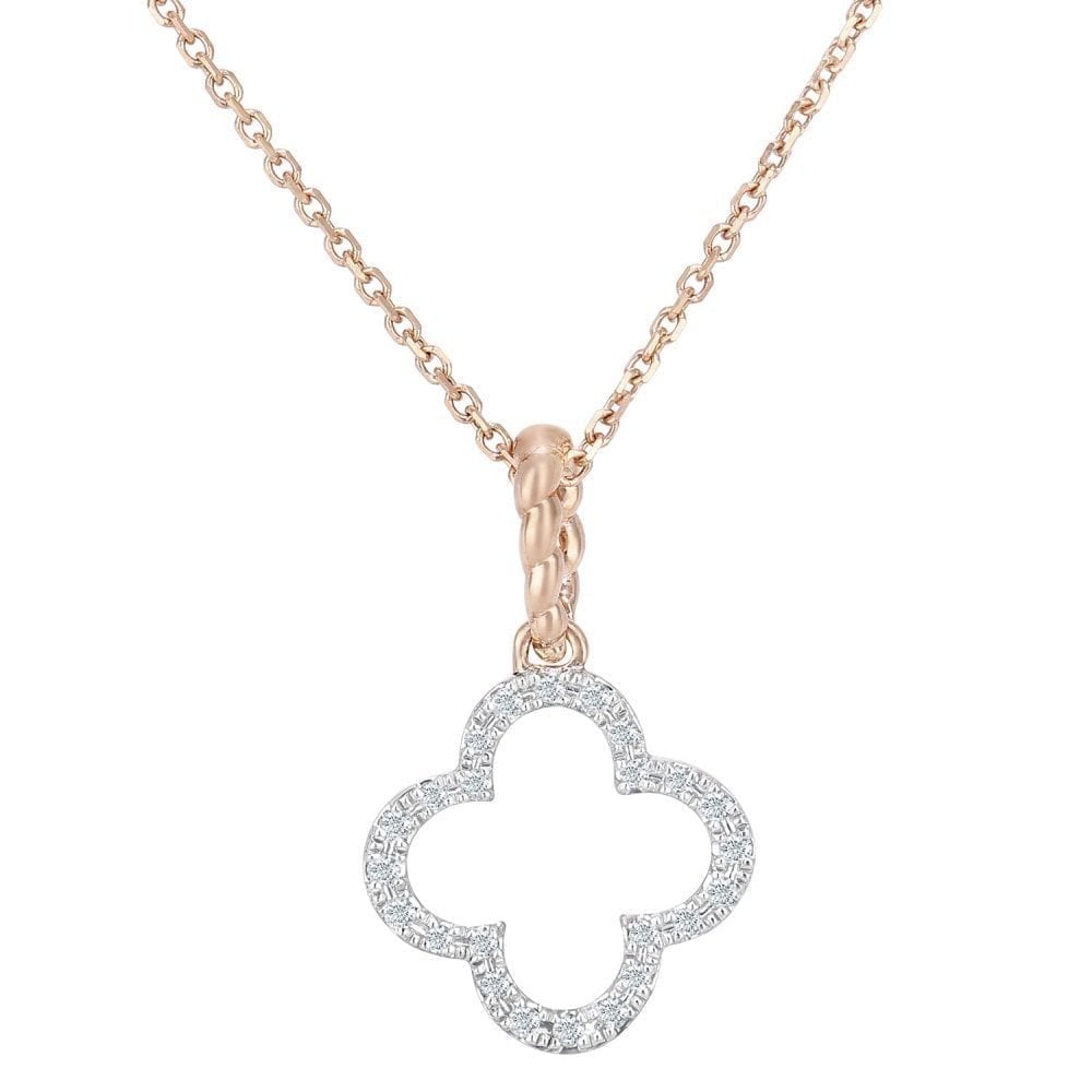 9ct Rose Gold Natural Diamond Open Clover Necklace, I2-I3 H-I Size 16 Inch