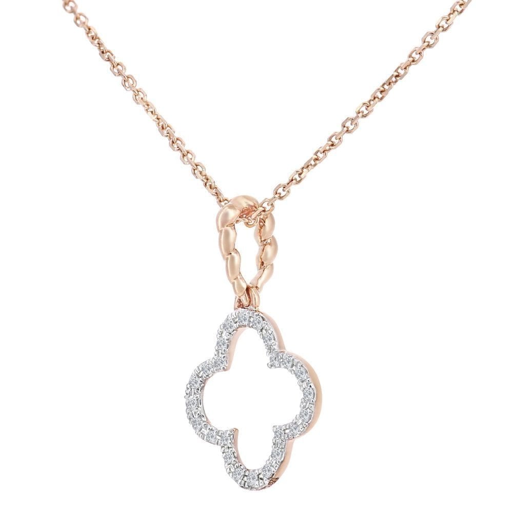 9ct Rose Gold Natural Diamond Open Clover Necklace, I2-I3 H-I Size 16 Inch