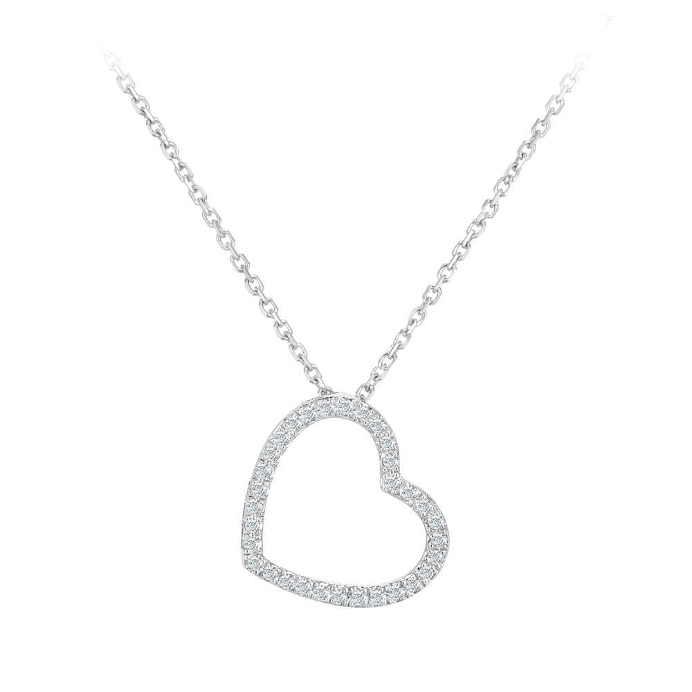 9ct White Gold 0.10 Carat Natural Diamond Open Heart Necklace, I2-I3 H-I Size 16 Inch