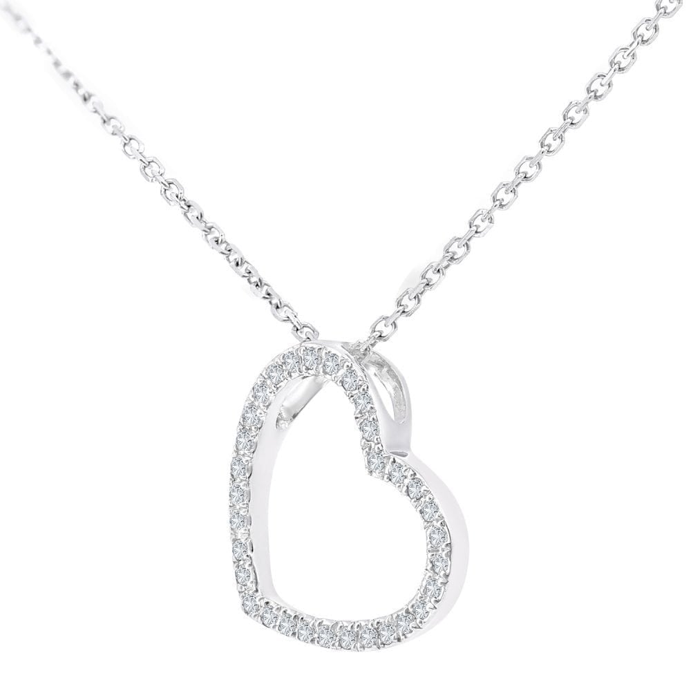 9ct White Gold 0.10 Carat Natural Diamond Open Heart Necklace, I2-I3 H-I Size 16 Inch