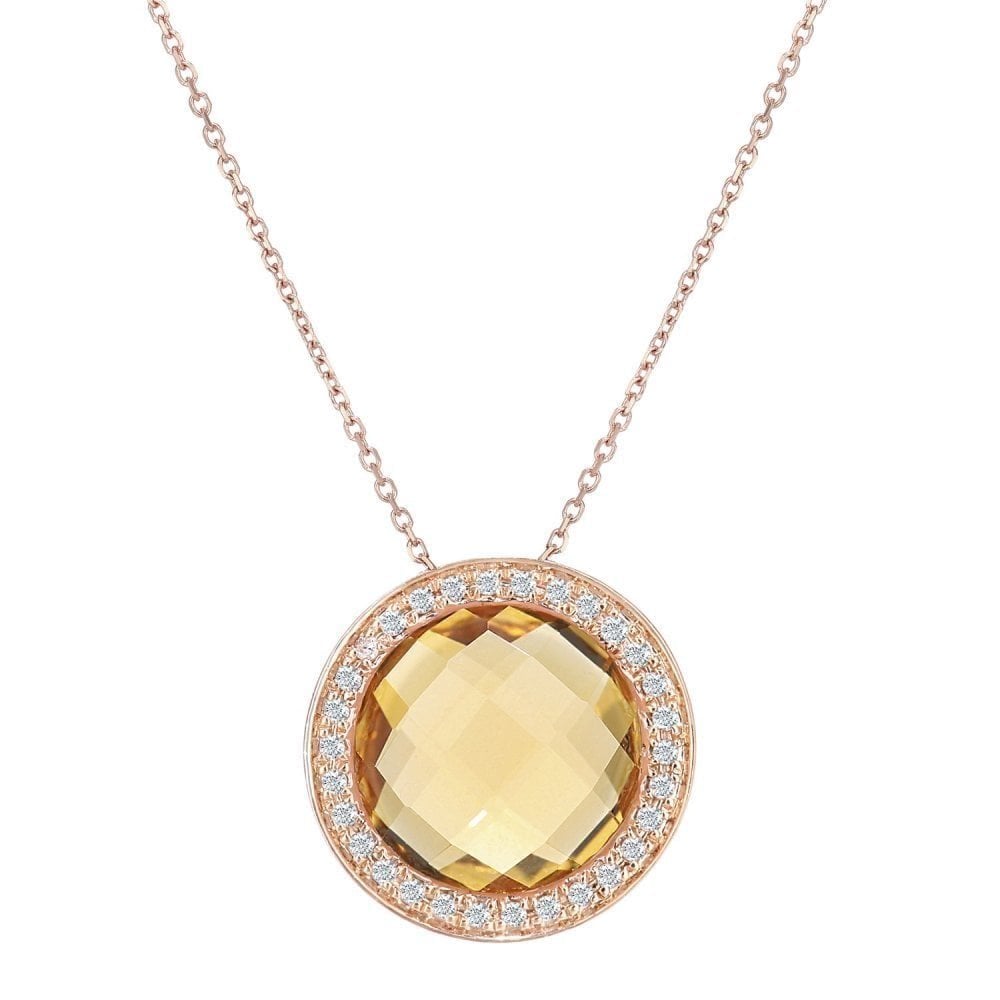 9ct Rose Gold 3.2ct Round Citrine and Diamond Necklace