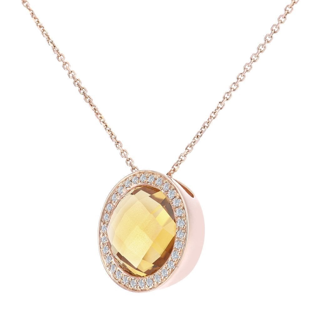 9ct Rose Gold 3.2ct Round Citrine and Diamond Necklace