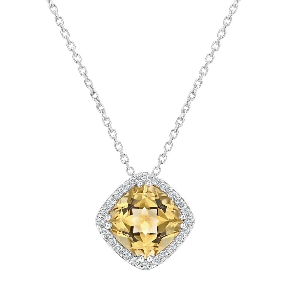 Cushion Citrine and Diamonds necklace in 9k White Gold