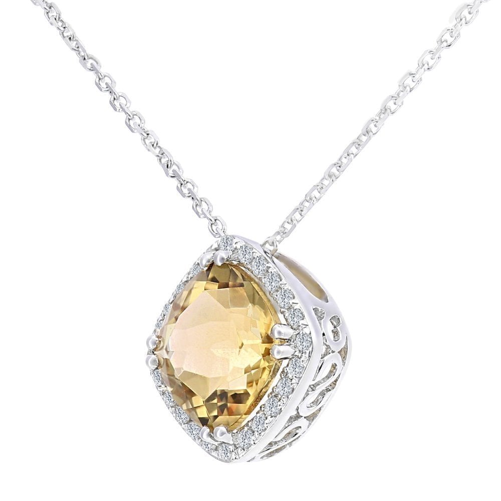 Cushion Citrine and Diamonds necklace in 9k White Gold