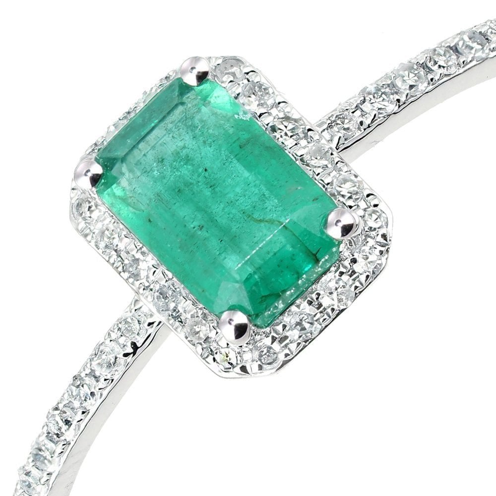 18ct White Gold 0.60ct Octagon Emerald and Diamond Halo Ring