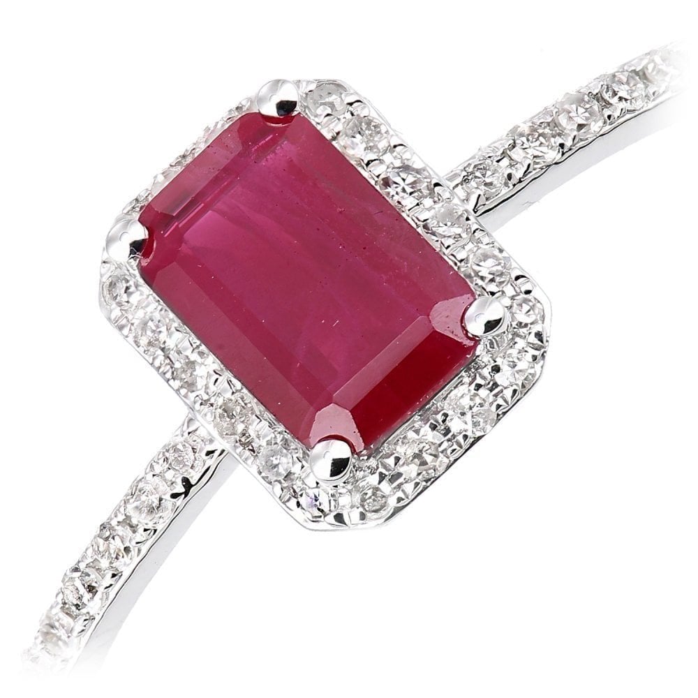 18ct White Gold Octagon Ruby and 0.10ct Diamond Cluster Ring