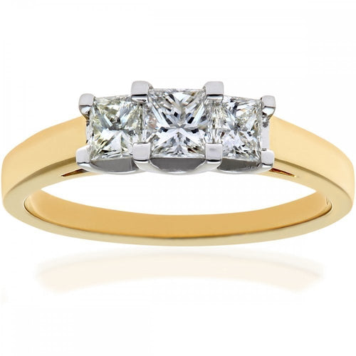 18ct Yellow Gold Trilogy Ring, J/I Certified 0.75ct Diamonds, Princess Cut