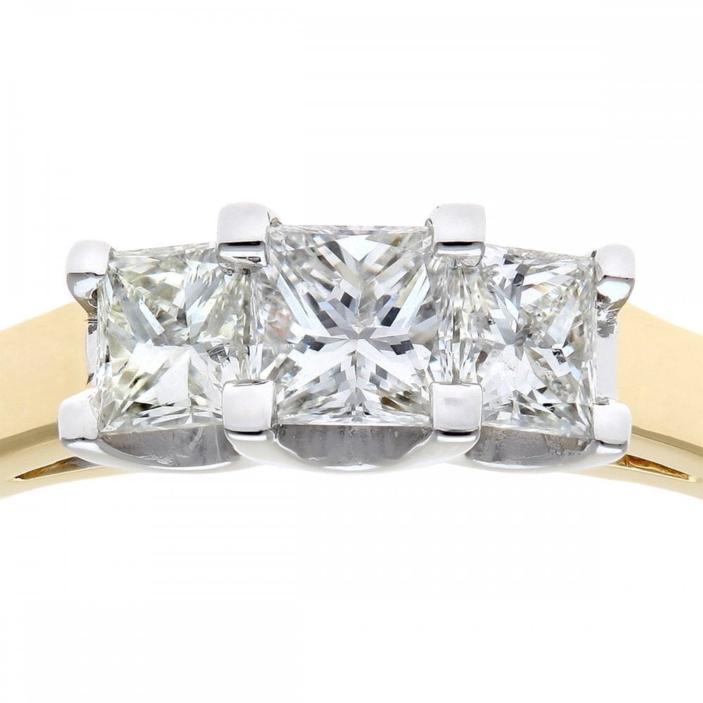 18ct Yellow Gold Trilogy Ring, J/I Certified 0.75ct Diamonds, Princess Cut