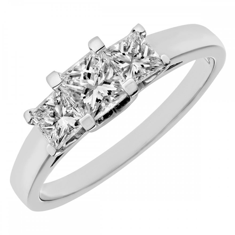 Platinum Trilogy Ring, J/I Certified 1ct Diamonds, Princess Cut