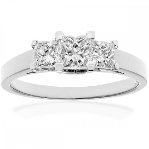 18ct White Gold Trilogy Ring, J/I Certified 1ct Diamonds, Princess Cut