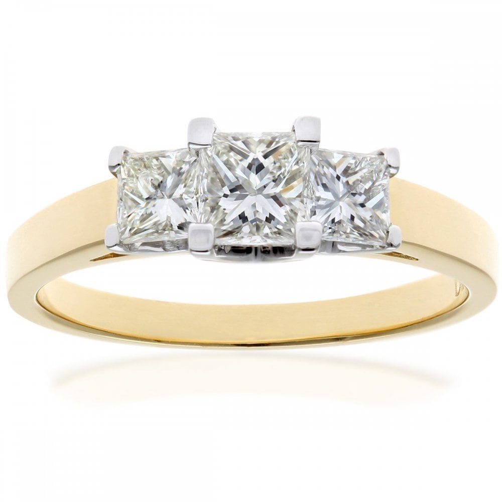 18ct Yellow Gold Trilogy Ring, J/I Certified 1ct Diamonds, Princess Cut
