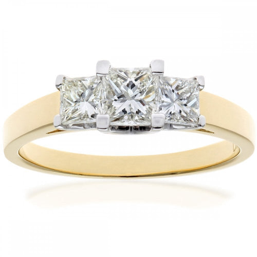 18ct Yellow Gold Trilogy Ring, J/I Certified 1ct Diamonds, Princess Cut