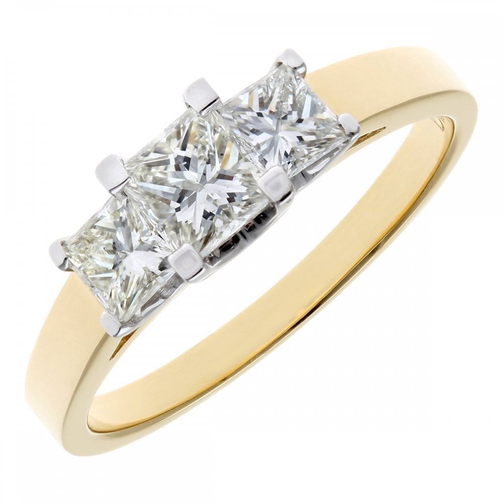 18ct Yellow Gold Trilogy Ring, J/I Certified 1ct Diamonds, Princess Cut