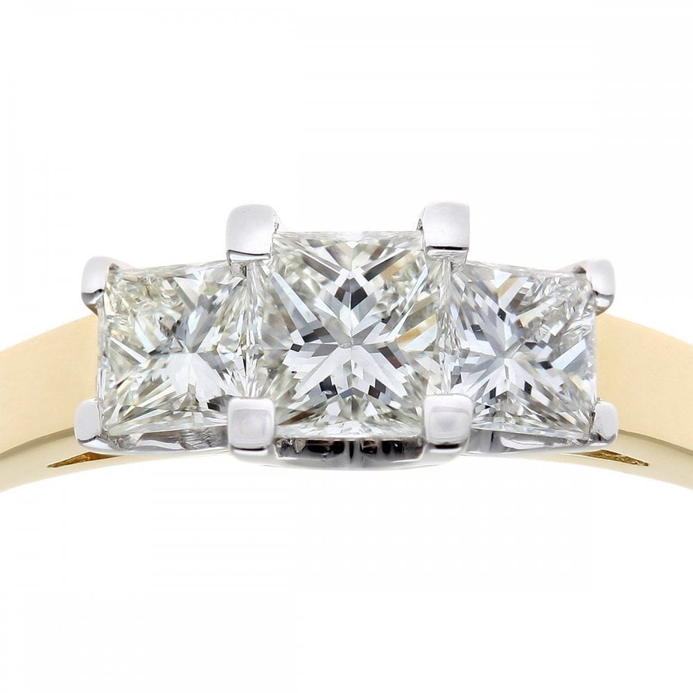 18ct Yellow Gold Trilogy Ring, J/I Certified 1ct Diamonds, Princess Cut