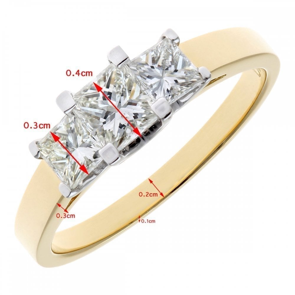 18ct Yellow Gold Trilogy Ring, J/I Certified 1ct Diamonds, Princess Cut