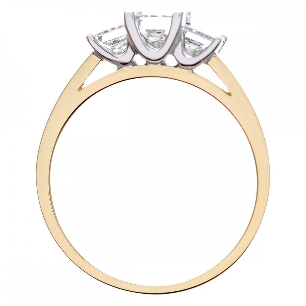18ct Yellow Gold Trilogy Ring, J/I Certified 1ct Diamonds, Princess Cut