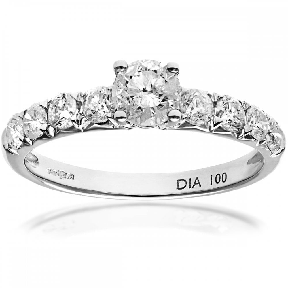 18ct White Gold Shoulder Set Engagement Ring, IJ/I Certified 1ct Diamonds, Round Brilliant