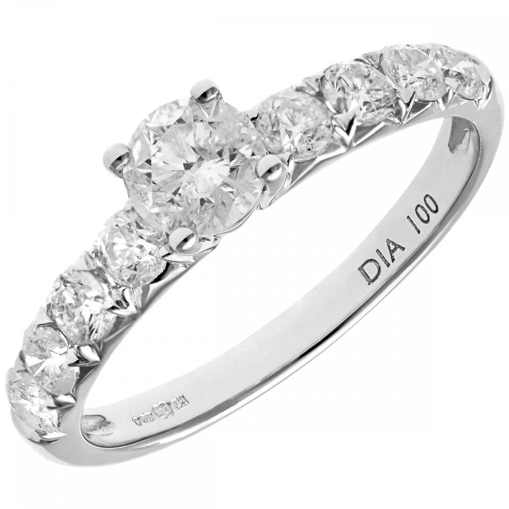 18ct White Gold Shoulder Set Engagement Ring, IJ/I Certified 1ct Diamonds, Round Brilliant
