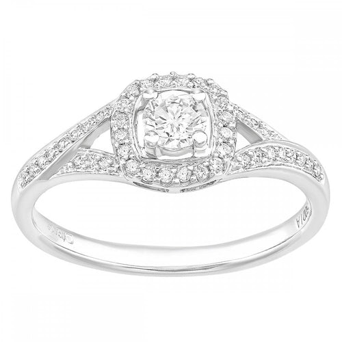 18ct White Gold Square Halo 0.40ct Diamond Crossover Shoulder Engagement Ring