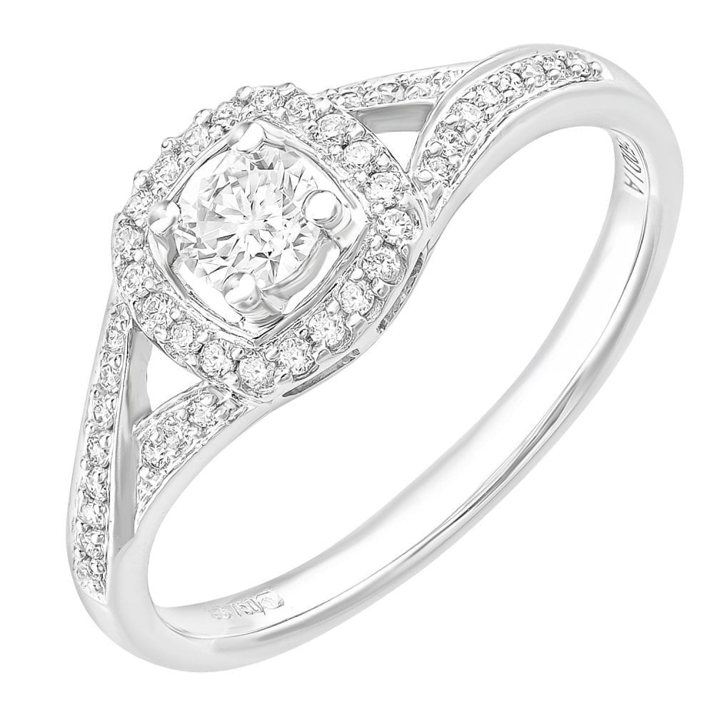 18ct White Gold Square Halo 0.40ct Diamond Crossover Shoulder Engagement Ring