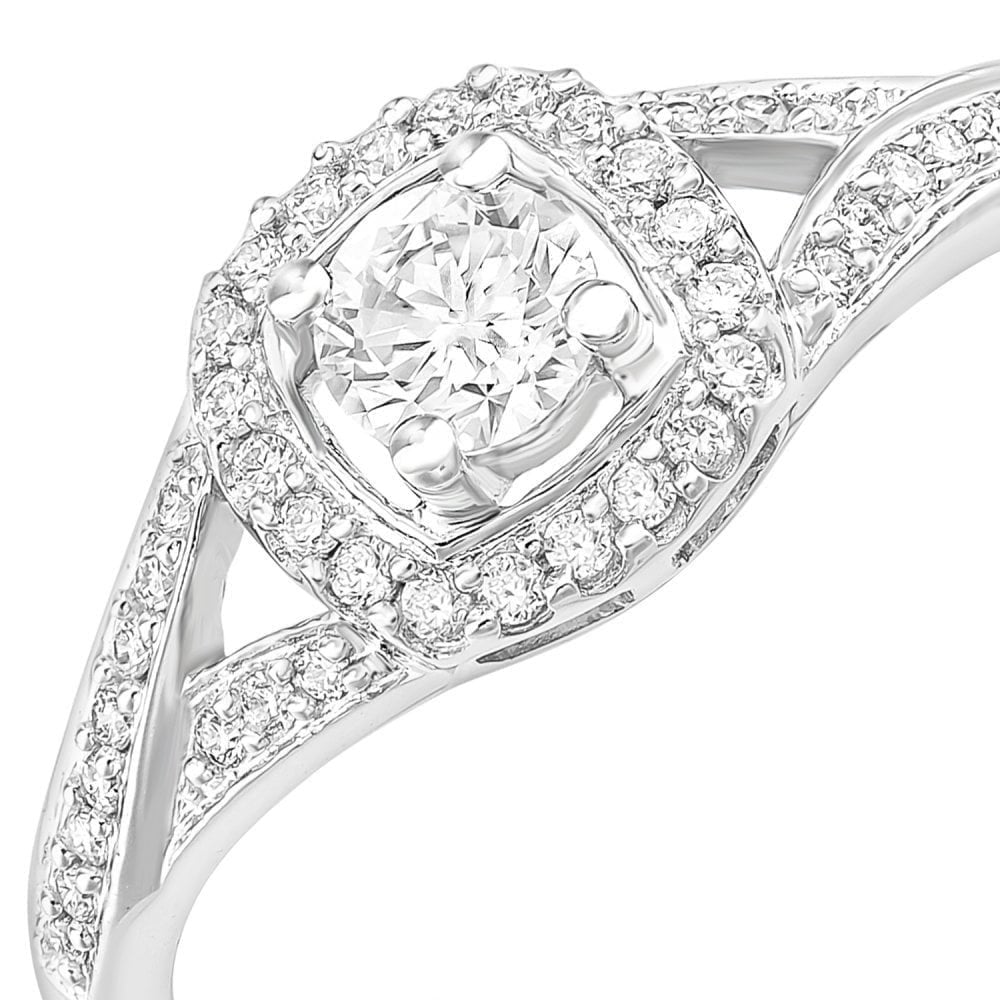 18ct White Gold Square Halo 0.40ct Diamond Crossover Shoulder Engagement Ring