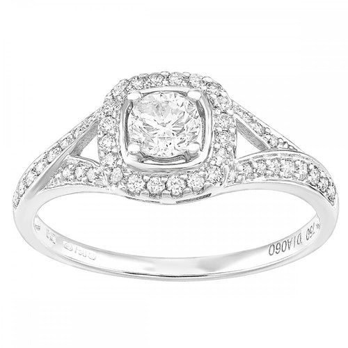 18ct White Gold Square Halo 0.60ct Diamond Crossover Shoulder Engagement Ring
