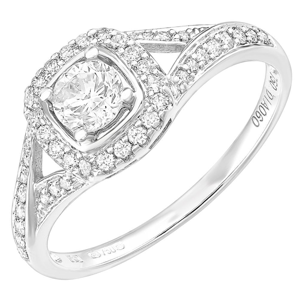 18ct White Gold Square Halo 0.60ct Diamond Crossover Shoulder Engagement Ring
