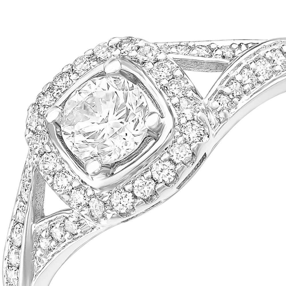 18ct White Gold Square Halo 0.60ct Diamond Crossover Shoulder Engagement Ring