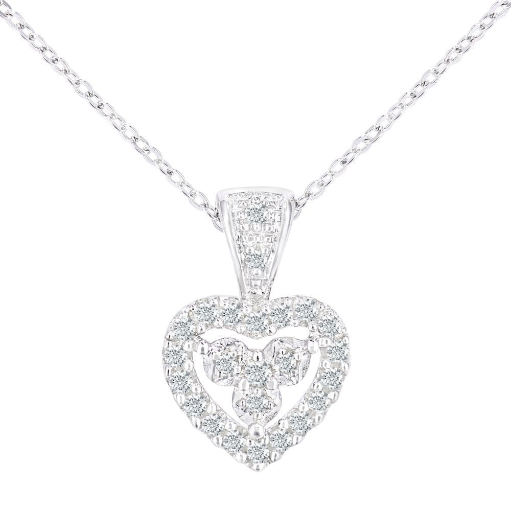 9ct White Gold 0.12 Carat Natural Diamond Heart Trilogy Necklace