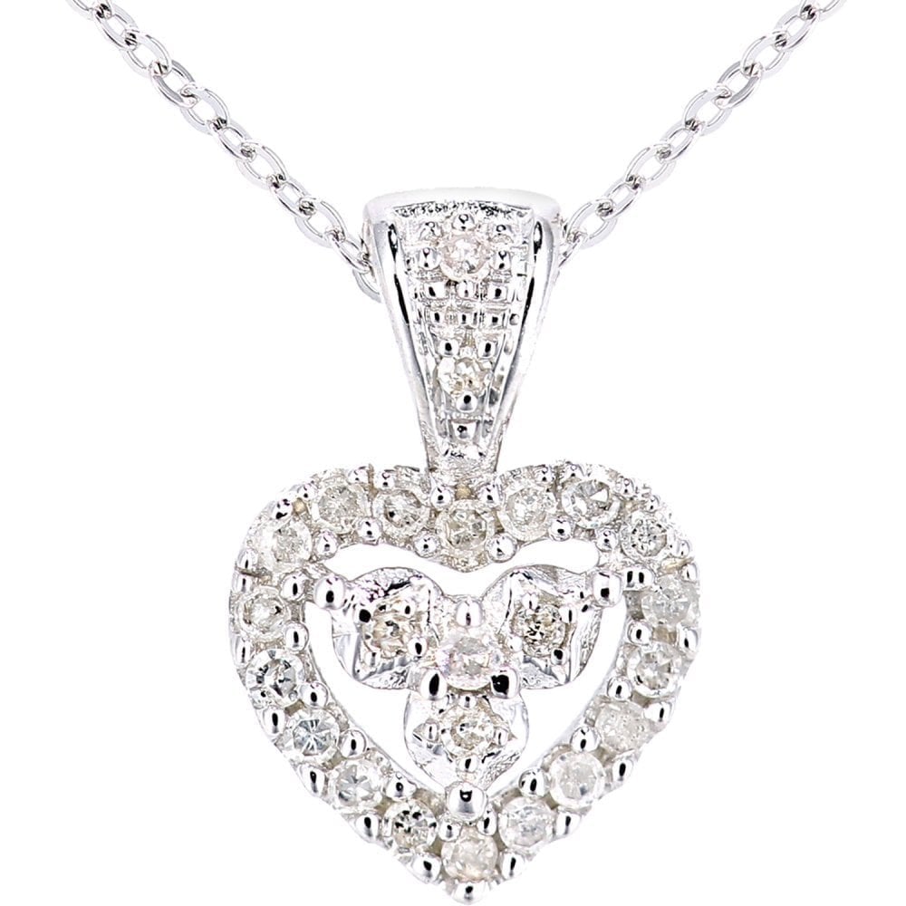 9ct White Gold 0.12 Carat Natural Diamond Heart Trilogy Necklace