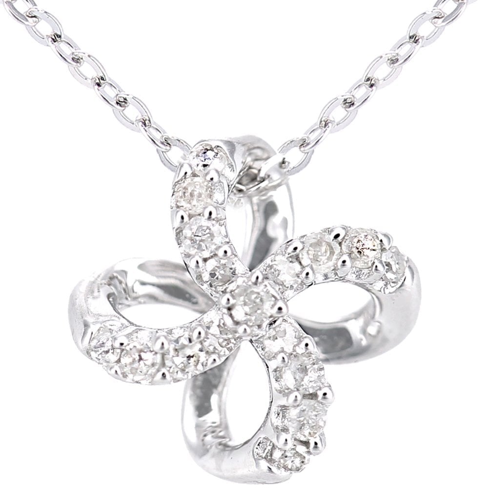 3d Clover 9ct White Gold Natural Diamond Necklace