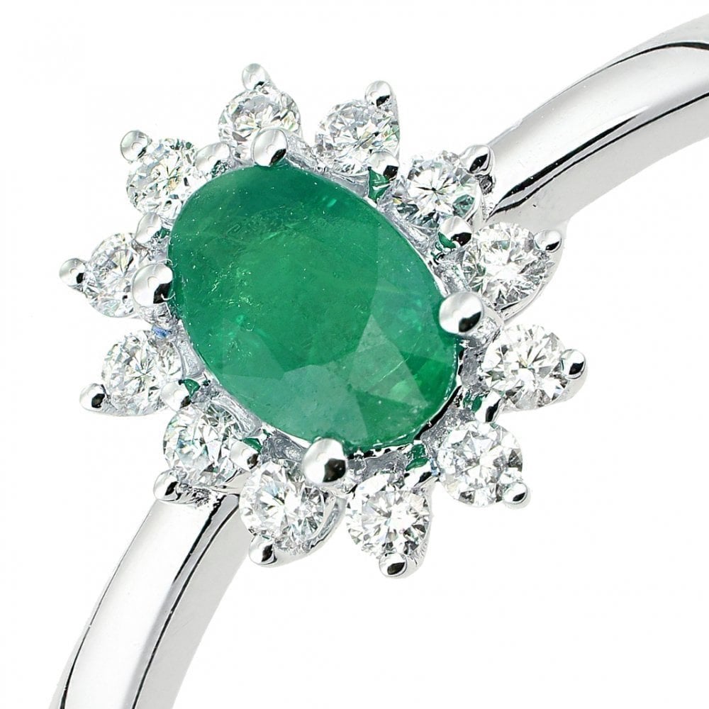 18ct White Gold 0.50ct Oval Emerald and 0.15ct Diamond Starburst Halo Ring