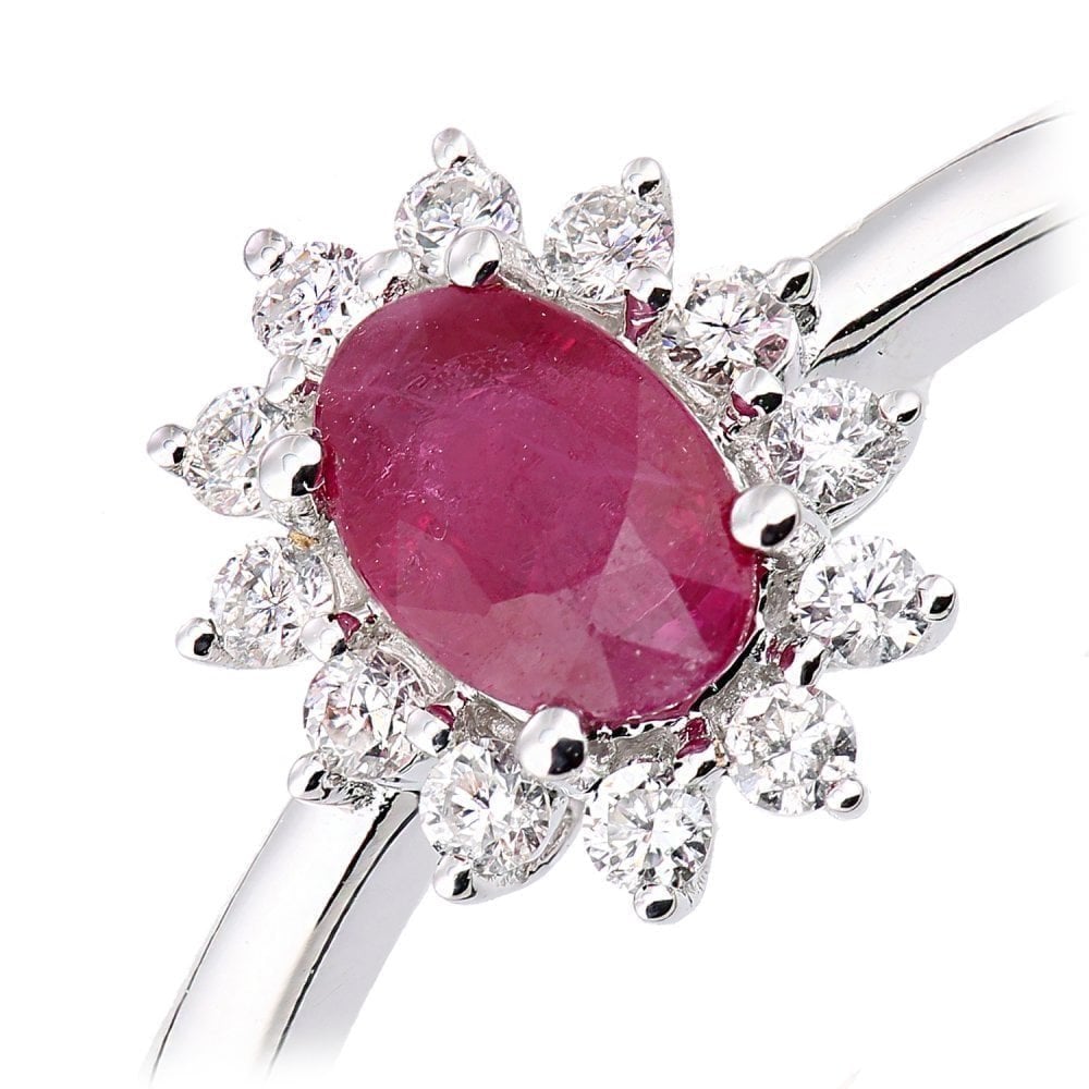 18ct White Gold Oval Ruby and 0.15ct Diamond Cluster Ring