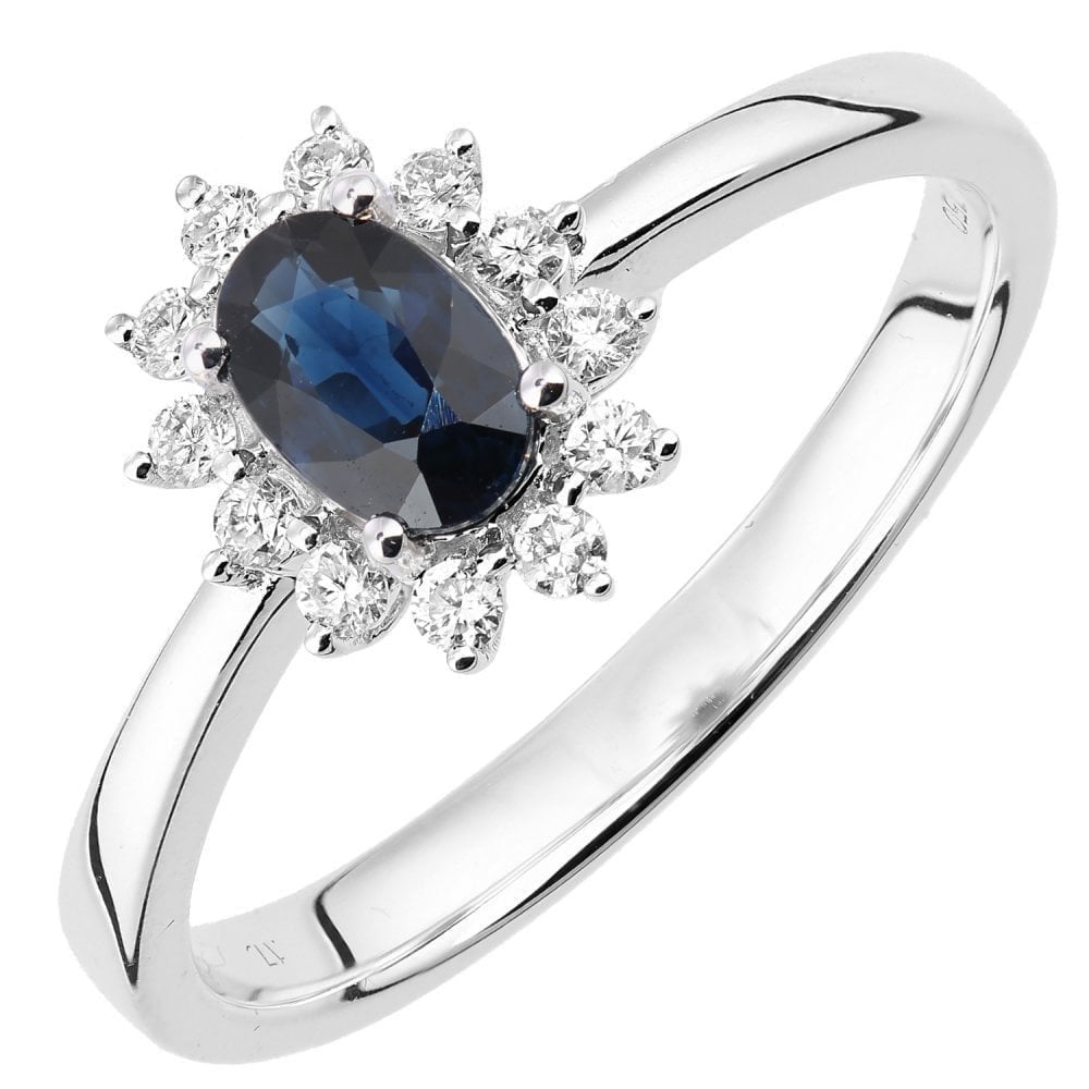 0.8 Ct Oval Natural Blue Sapphire and Diamond Solitaire Halo Ring in 18ct White Gold