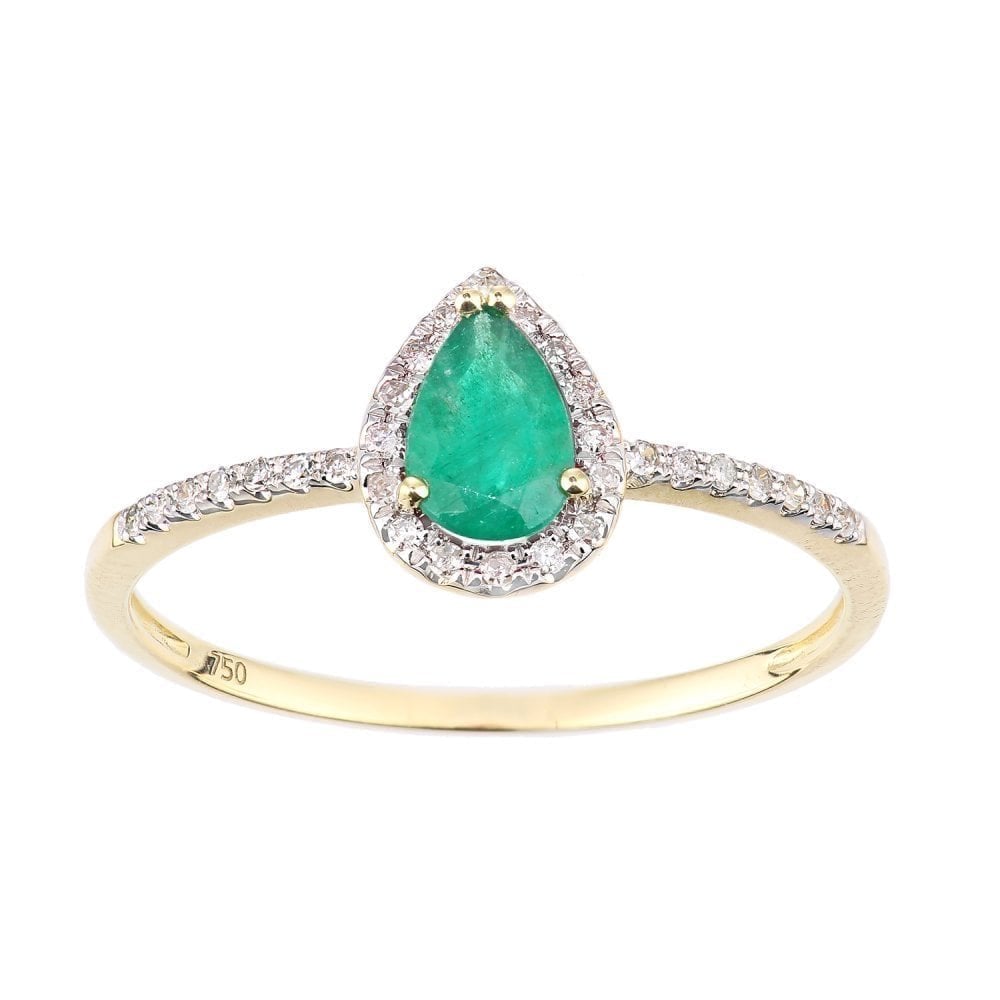18ct Yellow Gold 0.40 Carat Pear Emerald and Diamond Teardrop Halo Ring