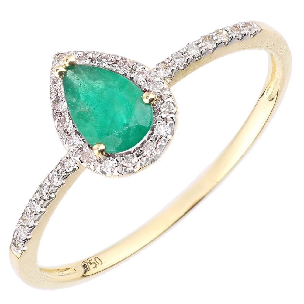 18ct Yellow Gold 0.40 Carat Pear Emerald and Diamond Teardrop Halo Ring