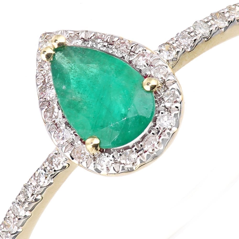18ct Yellow Gold 0.40 Carat Pear Emerald and Diamond Teardrop Halo Ring