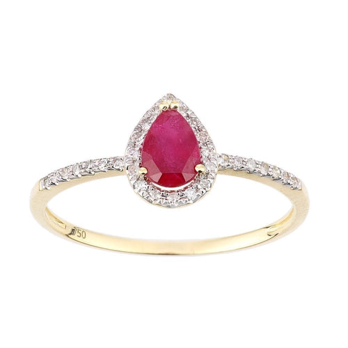 18ct Yellow Gold Pear Ruby and 0.10ct Diamond Teardrop Cluster Ring