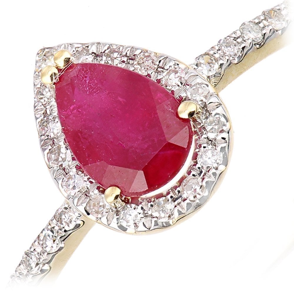 18ct Yellow Gold Pear Ruby and 0.10ct Diamond Teardrop Cluster Ring