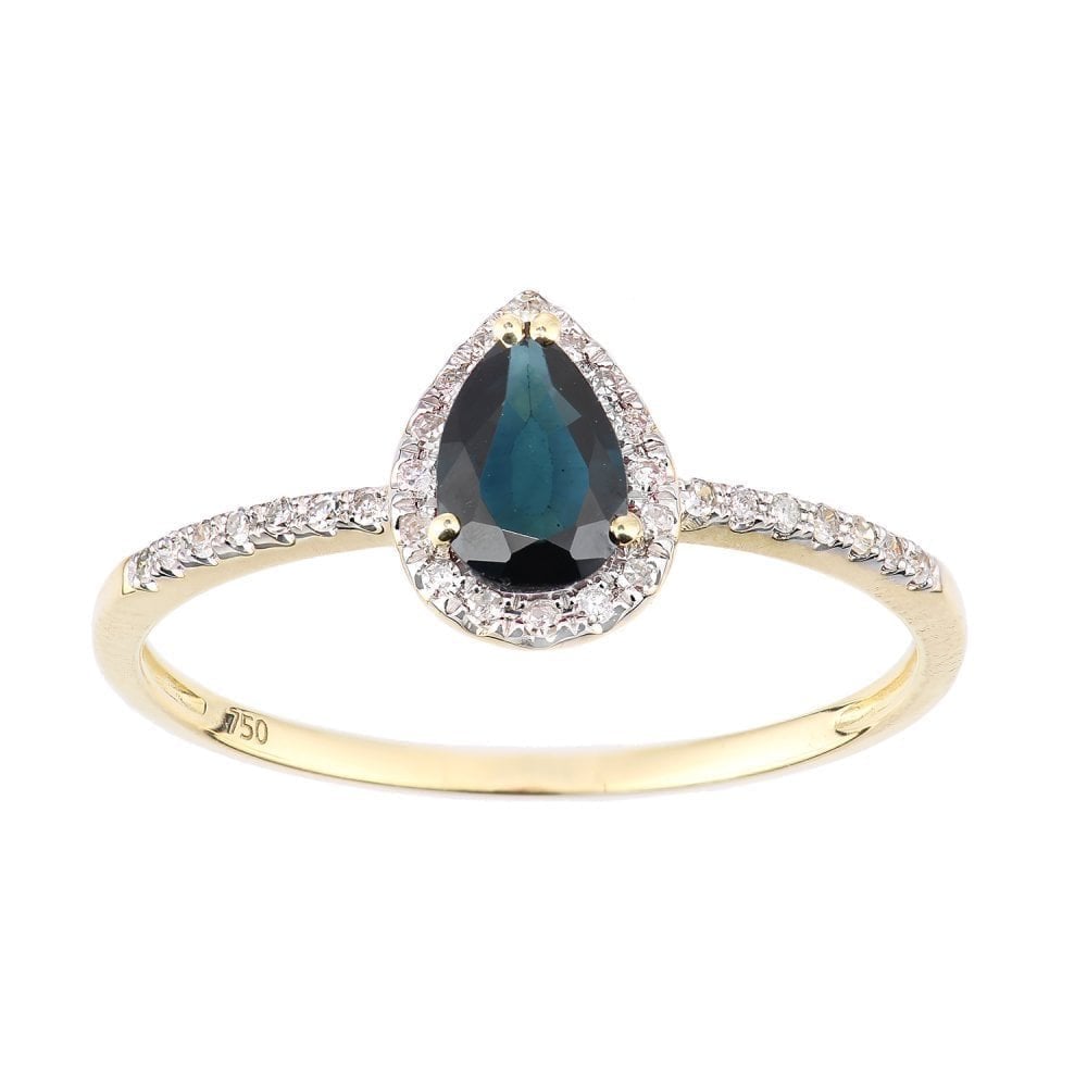 0.6 Ct Pear Natural Blue Sapphire and Diamond Solitaire Halo Ring in 18ct Yellow Gold