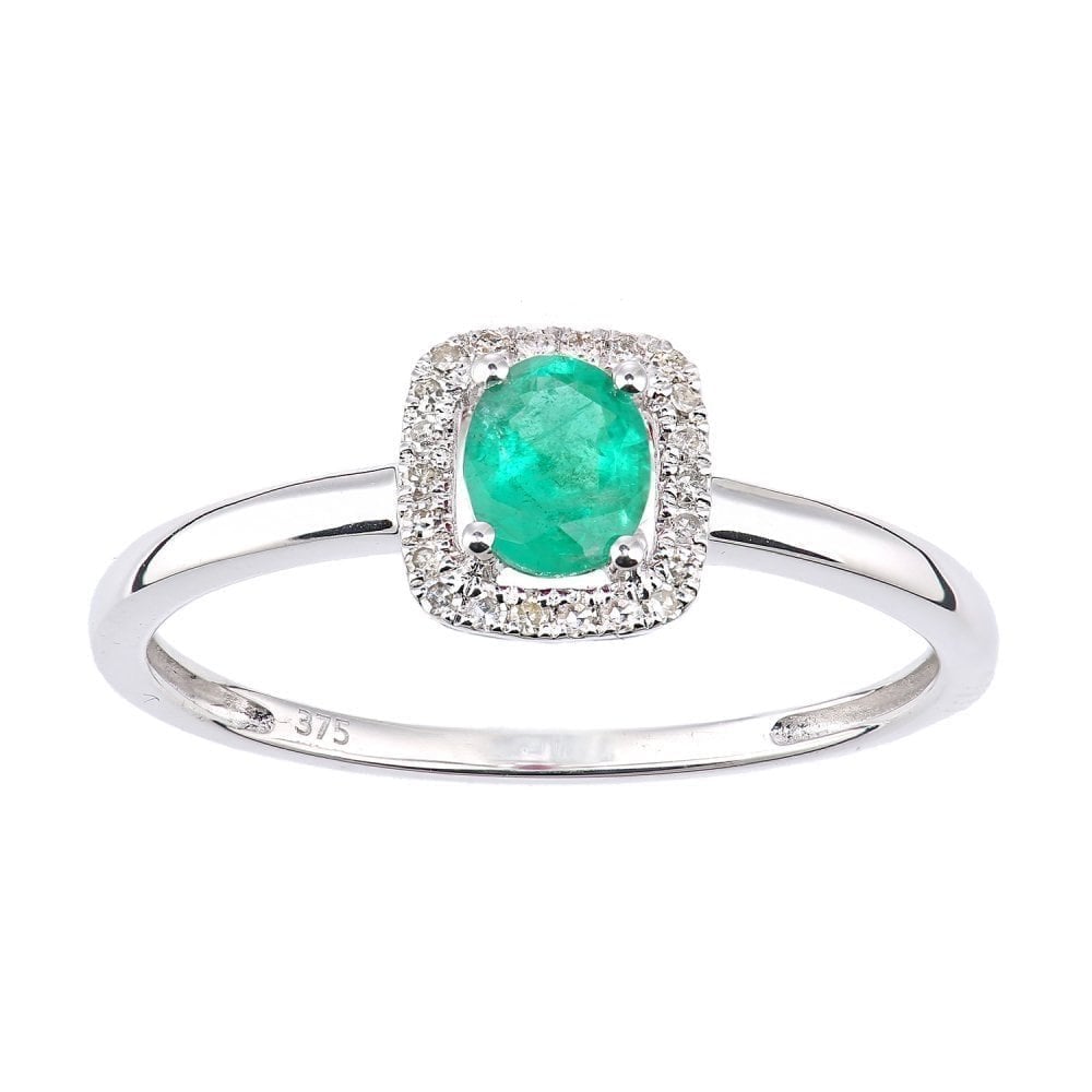 9ct White Gold 0.35ct Emerald and 0.08ct Diamond Halo Ring