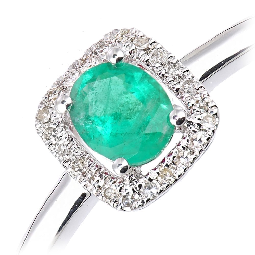 9ct White Gold 0.35ct Emerald and 0.08ct Diamond Halo Ring