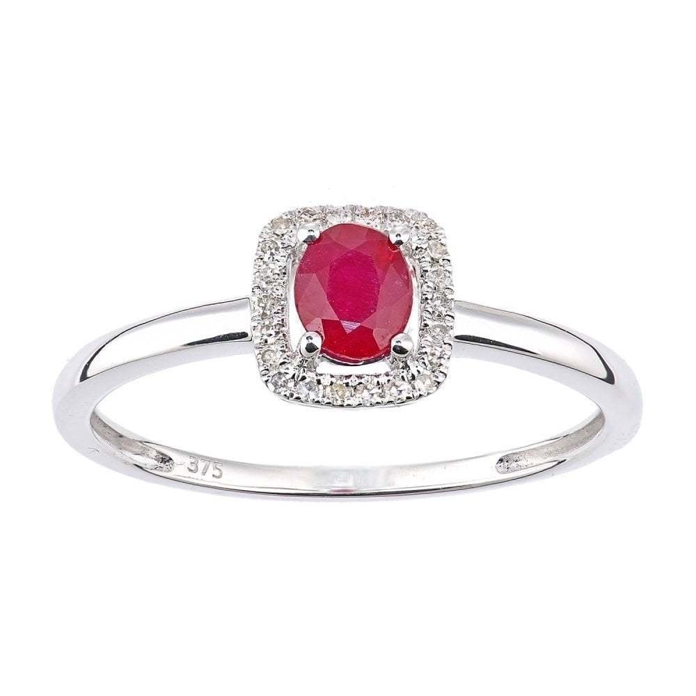 9ct White Gold Oval Ruby and 0.08ct Diamond Cluster Ring