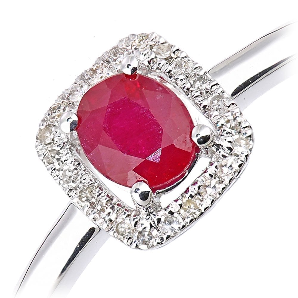 9ct White Gold Oval Ruby and 0.08ct Diamond Cluster Ring