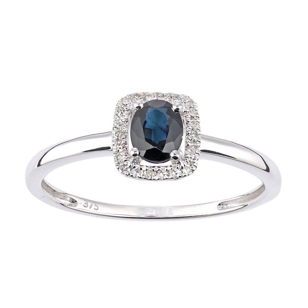 0.58 Ct Oval Natural Blue Sapphire and Diamond Solitaire Halo Ring in 9ct White Gold