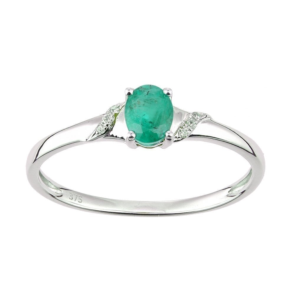 9ct White Gold Oval Emerald and 0.02ct Diamond Shoulders Engagement Ring